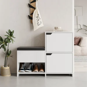 Modern White Shoe Storage Bench with Doors
