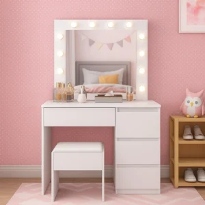White Vanity Dressing Table with LED Mirror & Stool